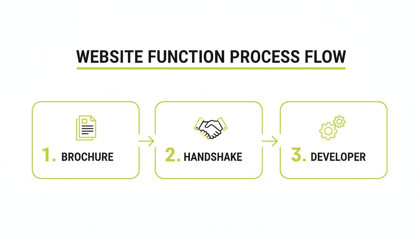 A three-step website function process flow diagram showing brochure, handshake, and developer stages.
