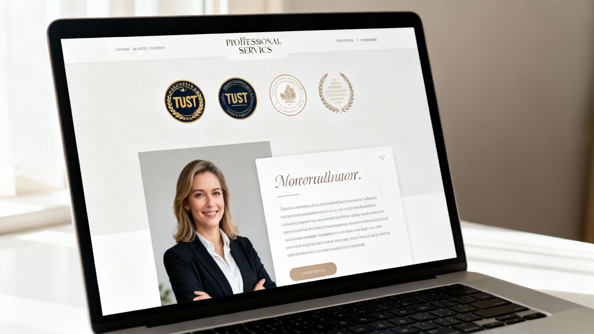 A laptop screen displays a professional services website featuring a woman's portrait and multiple achievement logos.