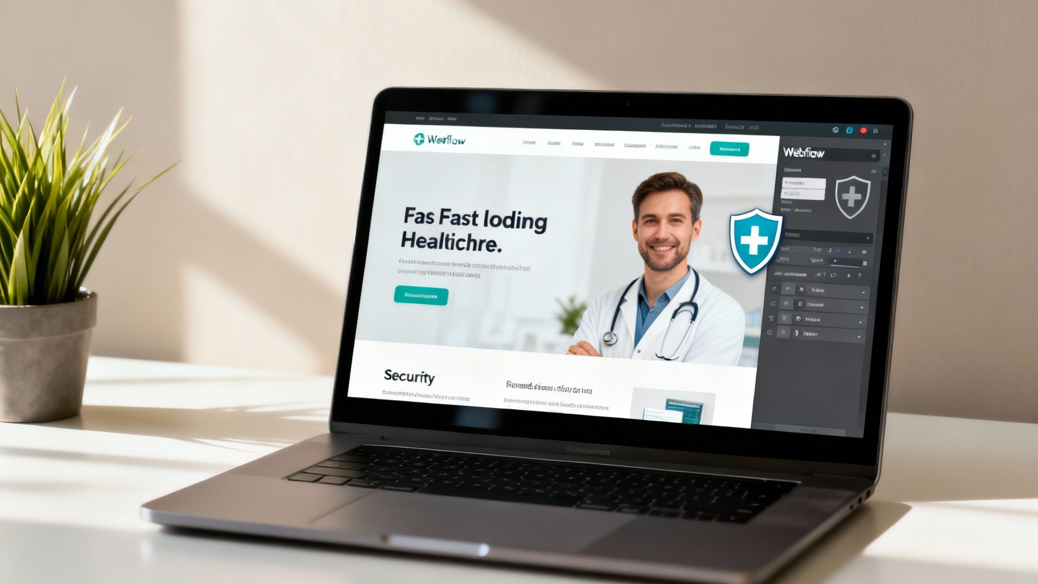 A laptop on a white desk displays a healthcare website with a doctor and security shield icon.