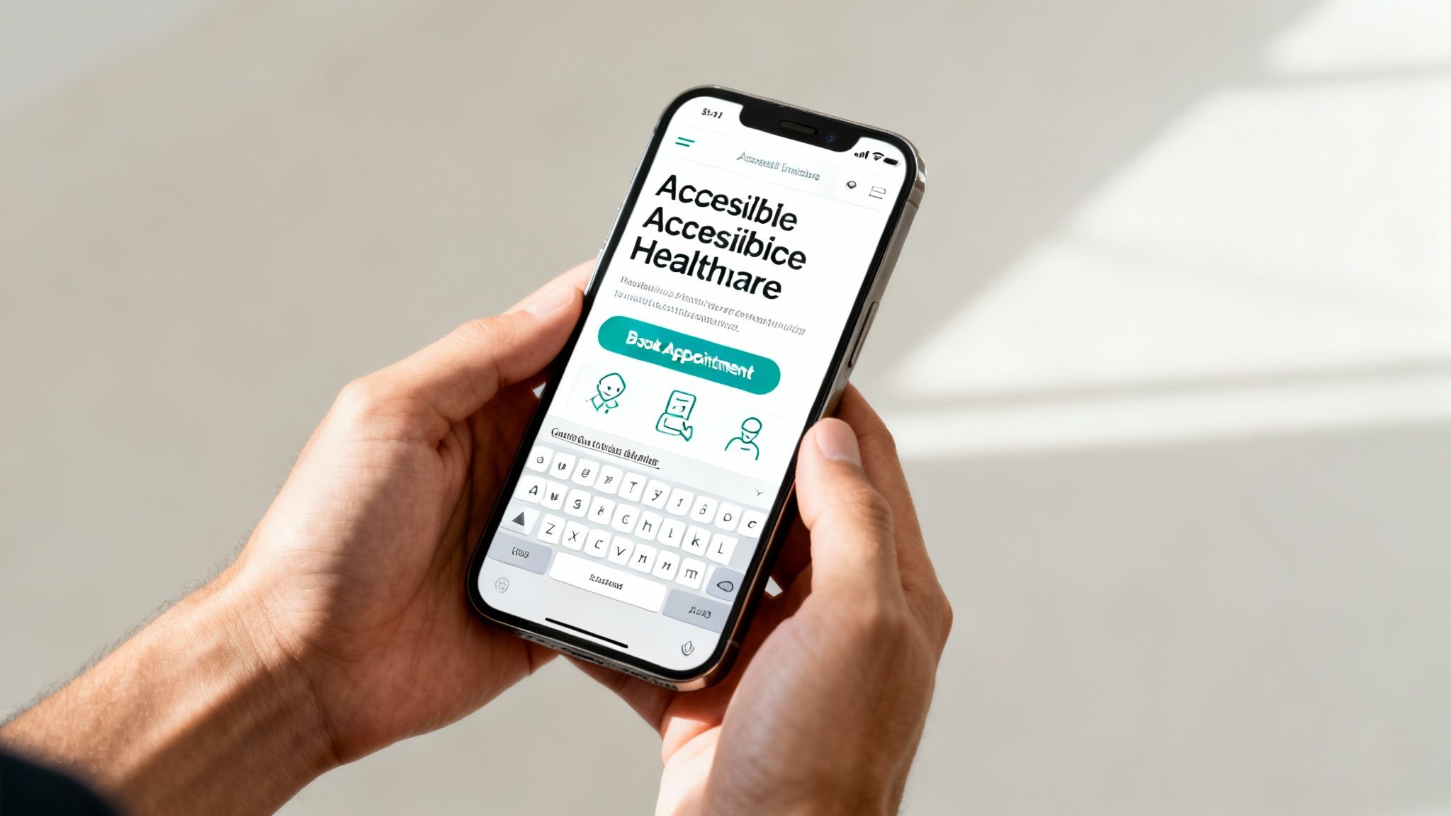 Hands holding a smartphone displaying a healthcare app with a 'Book Appointment' button.