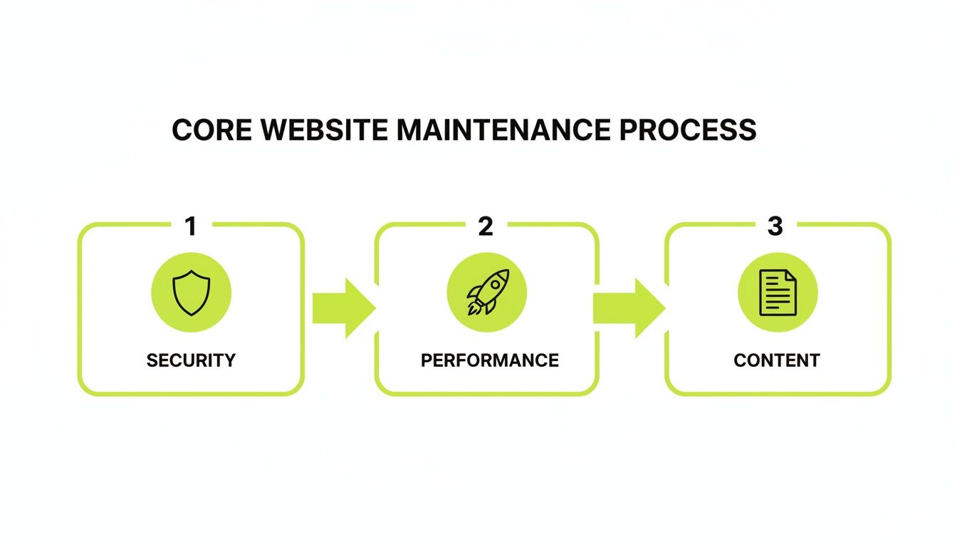 Diagram showing the core website maintenance process with steps: security, performance, and content.