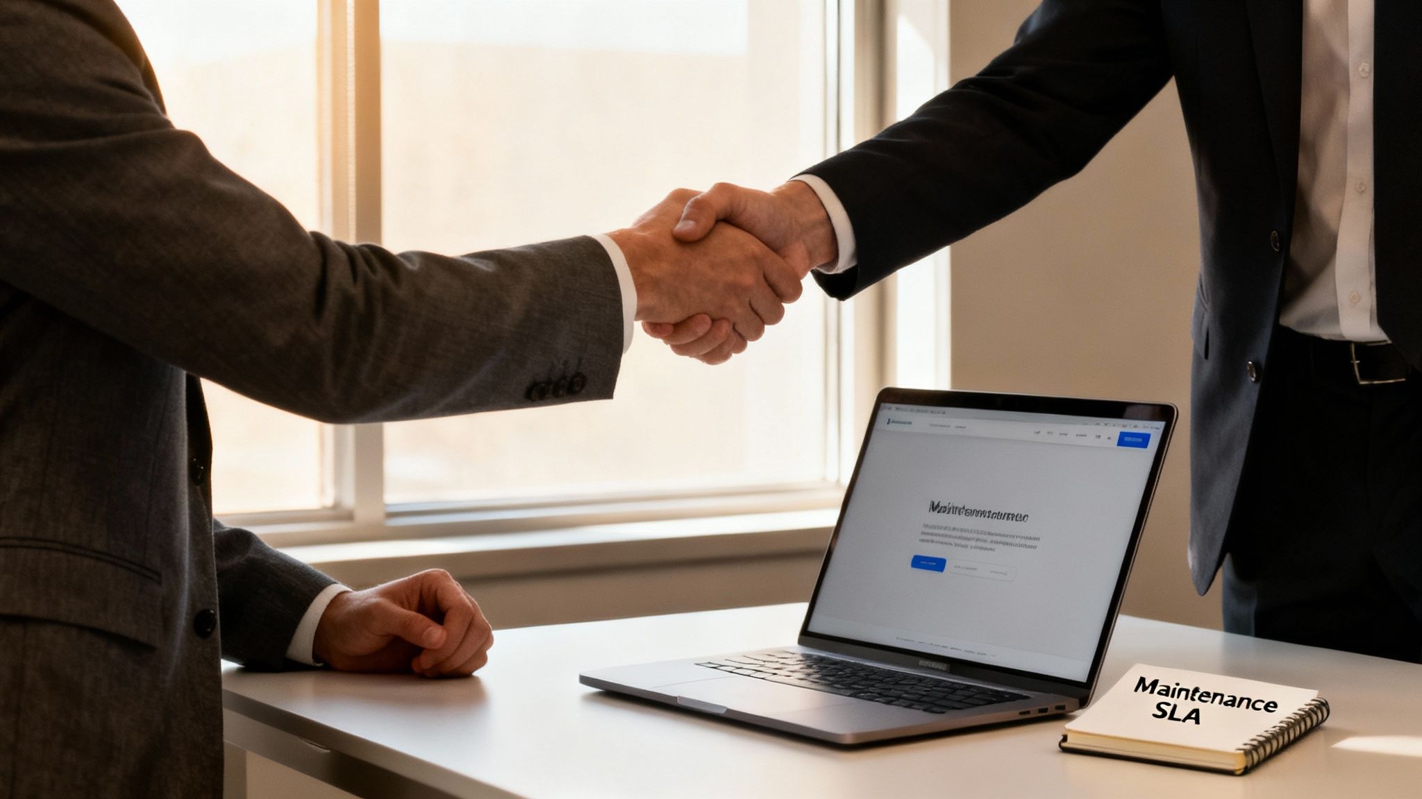 Two businessmen shaking hands over a table with a laptop showing a website and a 'Maintenance SLA' notebook.