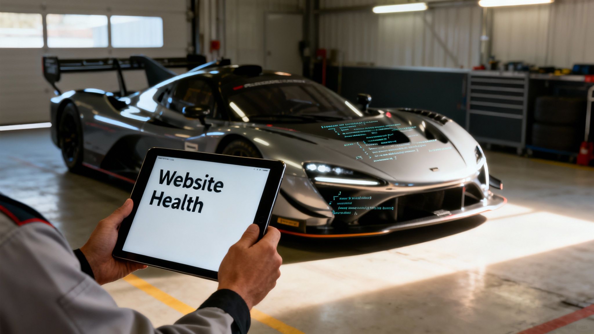 A person holds a tablet displaying 'Website Health' in a high-tech garage with a sports car showing digital diagnostics.