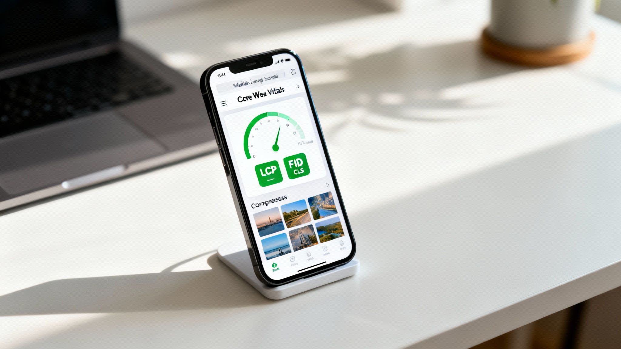iPhone displaying Core Web Vitals (LCP, FID, CLS) performance metrics on a white desk with a laptop.