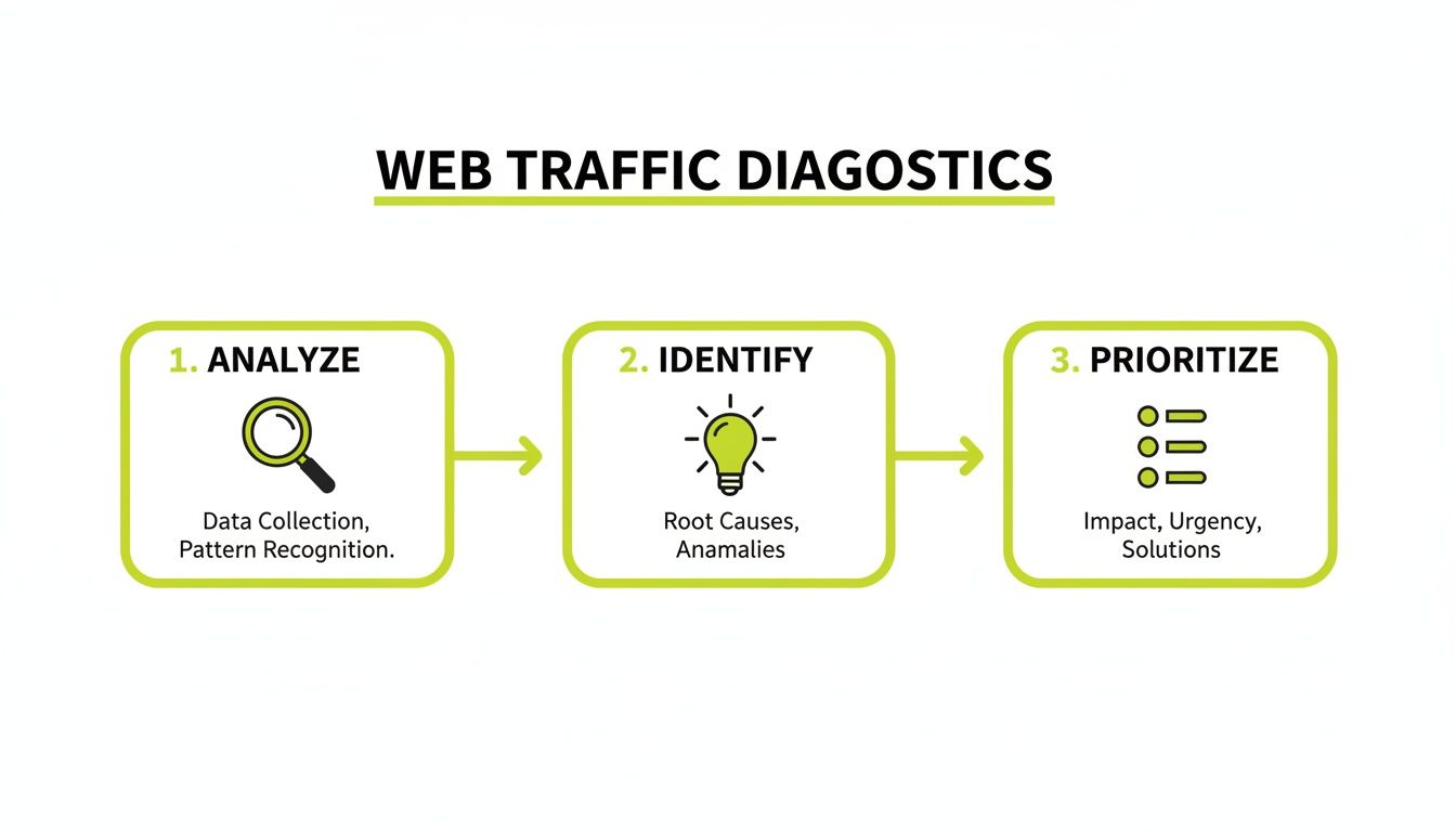 A three-step infographic detailing web traffic diagnostics: analyze, identify, and prioritize.