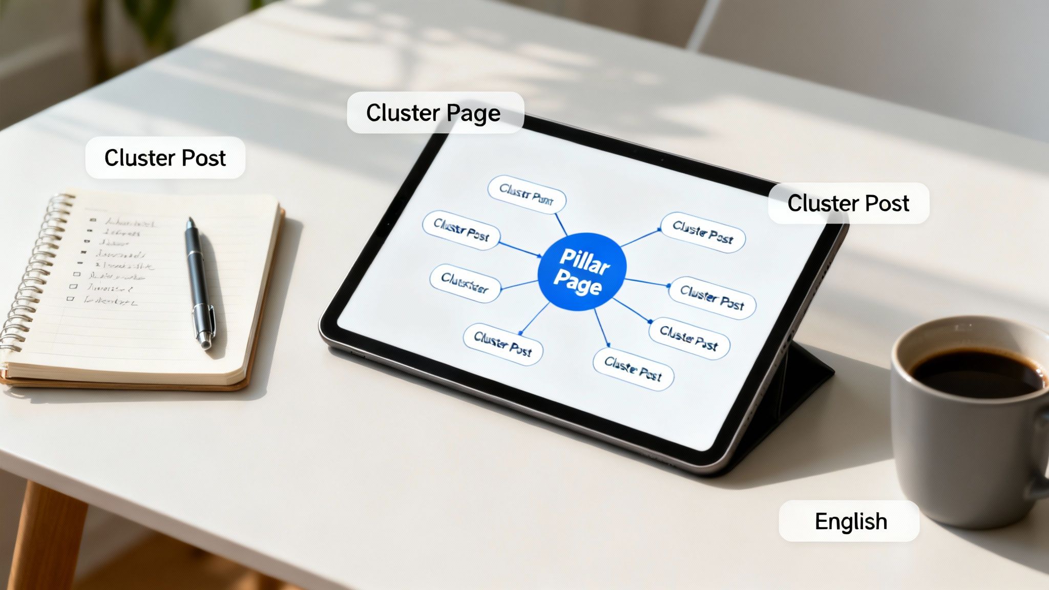 A digital tablet displays an SEO pillar page strategy with cluster posts and pages, alongside a notebook and coffee.