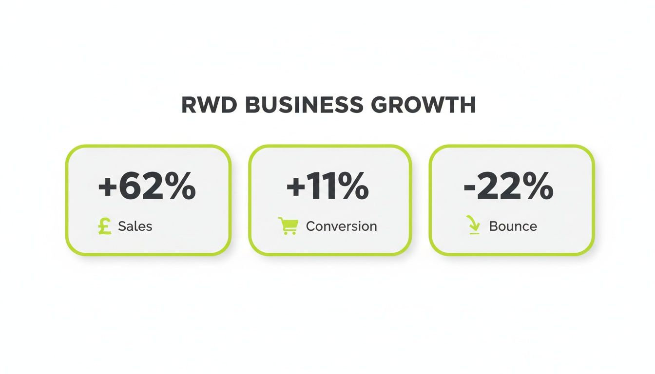 Infographic showing RWD business growth metrics: +62% sales, +11% conversion, and -22% bounce rate.