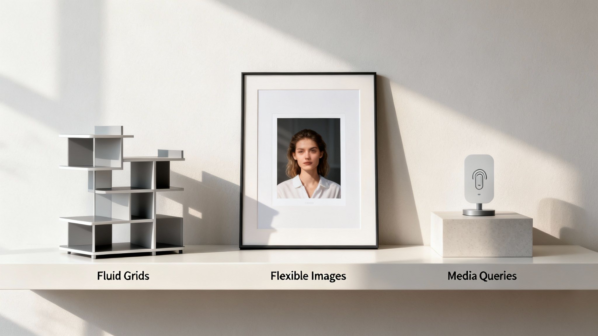 Three items on a white shelf illustrate responsive web design principles: fluid grids, flexible images, and media queries.