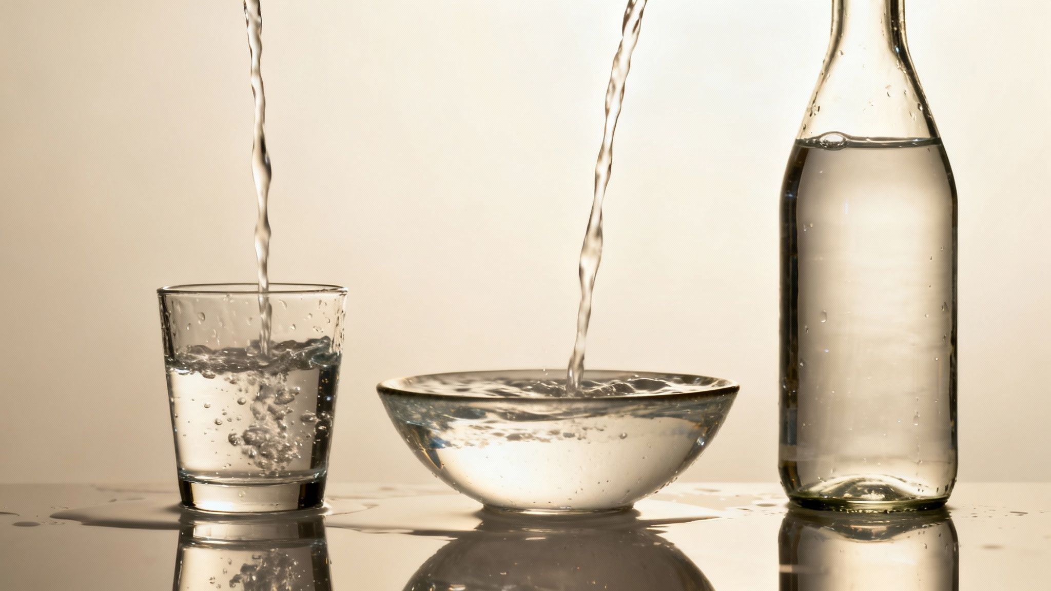 Refreshing water splashes as it pours into a glass and a bowl, beside a full bottle.