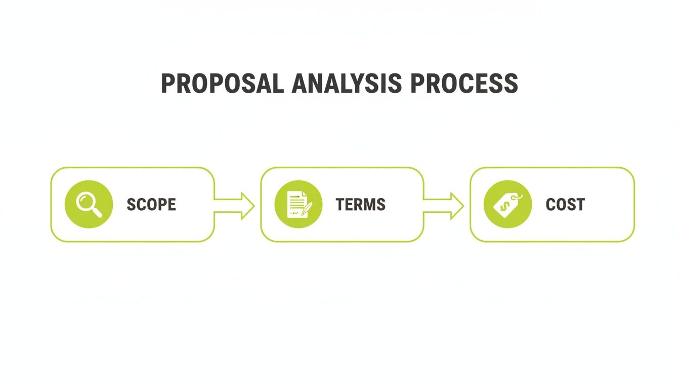 A flowchart illustrating the Proposal Analysis Process with steps: Scope, Terms, and Cost.