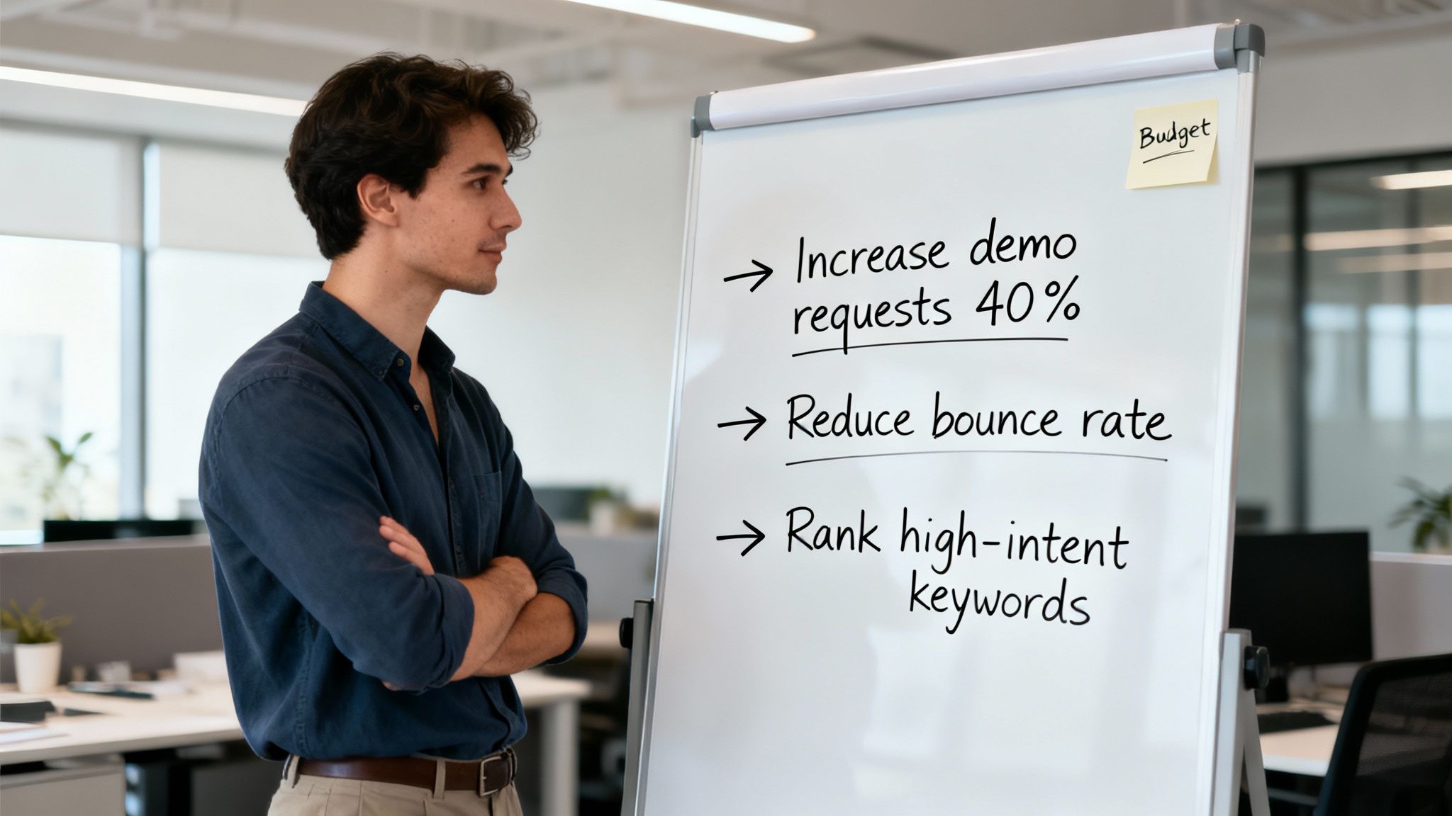 A professional in a modern office looking at a whiteboard with marketing strategies and goals.