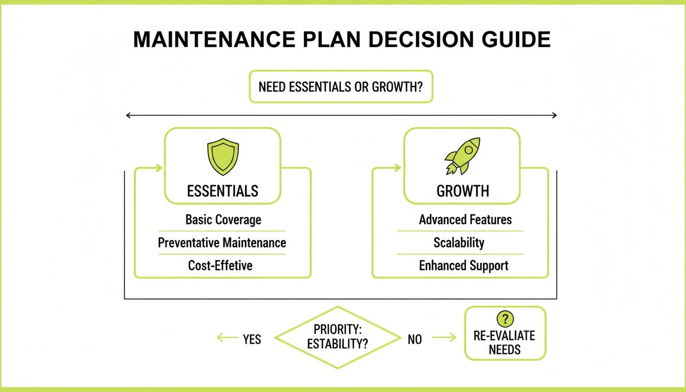 Flowchart guiding maintenance plan decisions, comparing essential basic coverage with growth features and scalability.