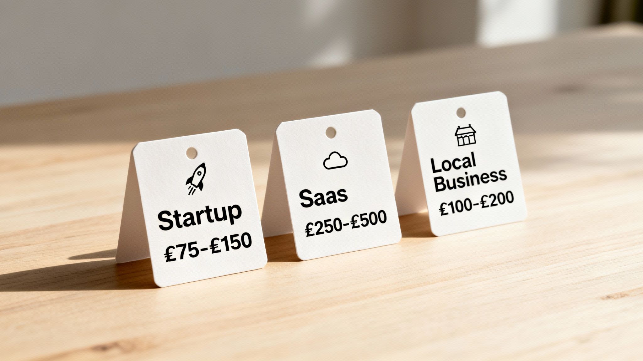 Three white cards on a wooden table display pricing for Startup, SaaS, and Local Business categories.