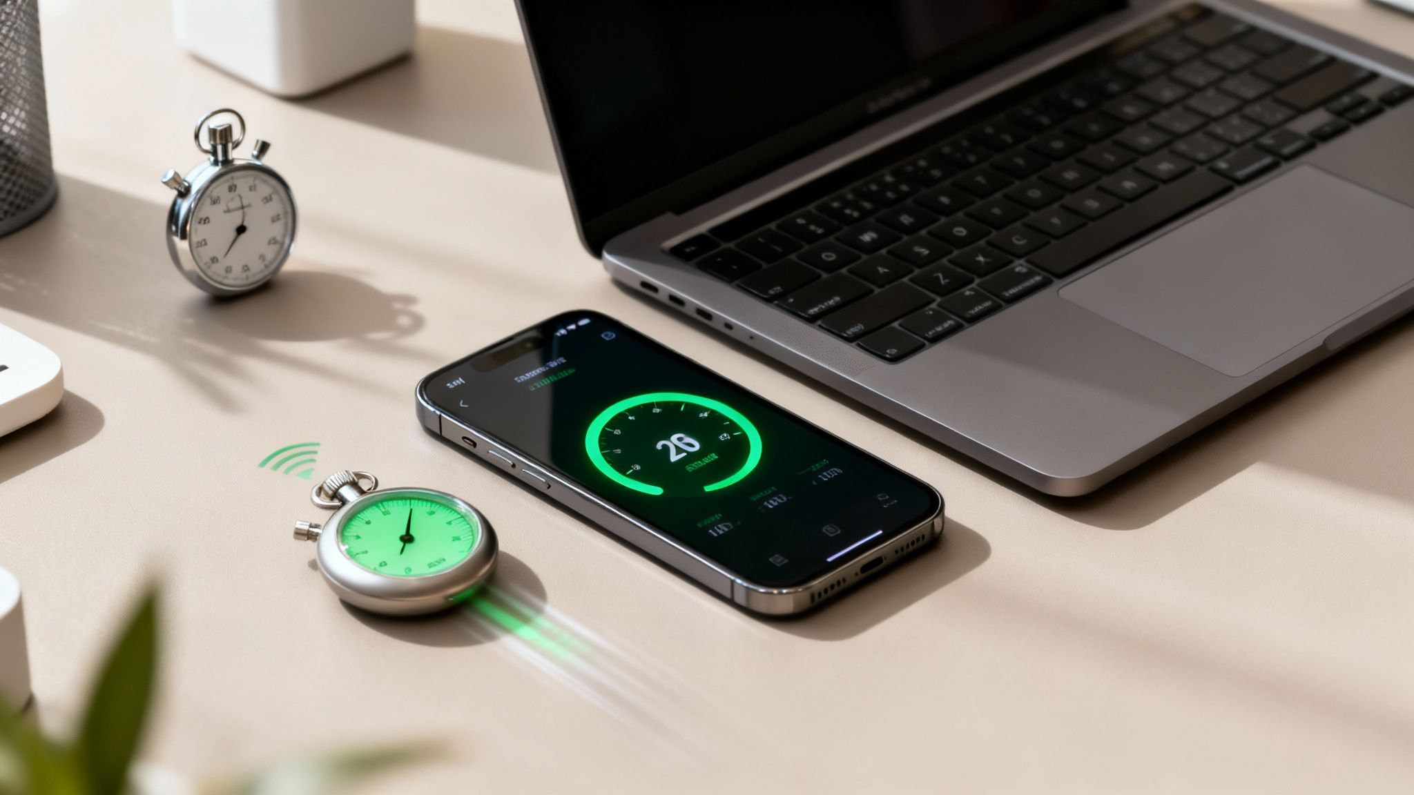 A desk setup featuring a laptop, a smartphone displaying a green timer, and two stopwatches.