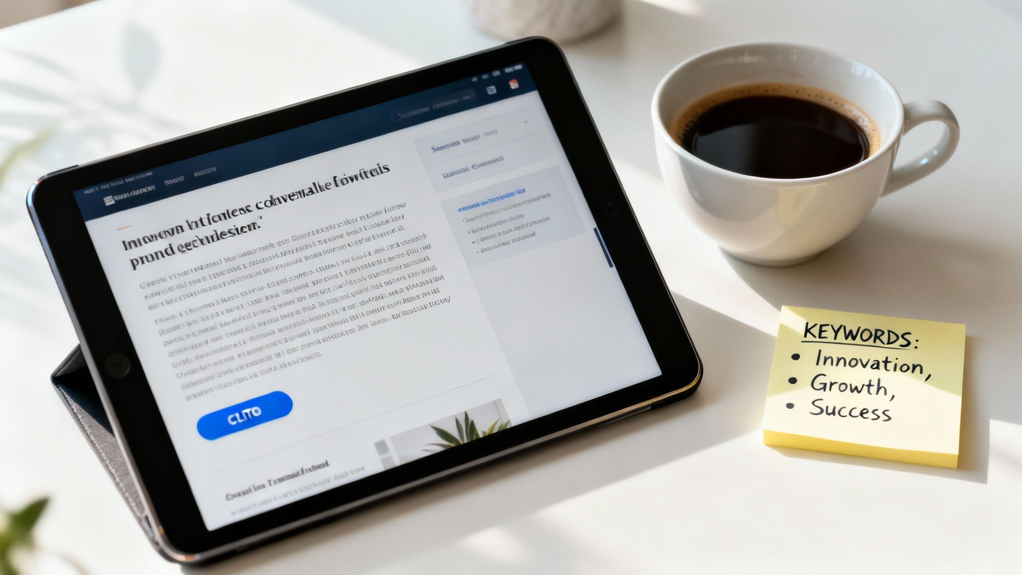 Overhead shot of a tablet, coffee, and sticky note with business keywords like innovation.