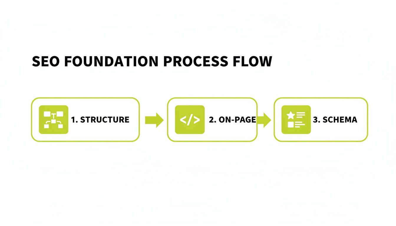 A flowchart illustrating the SEO foundation process, detailing steps: structure, on-page optimization, and schema markup.