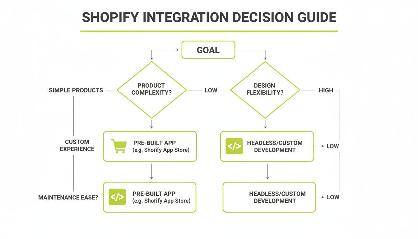 Shopify integration decision guide flowchart, helping choose between pre-built apps and custom development.