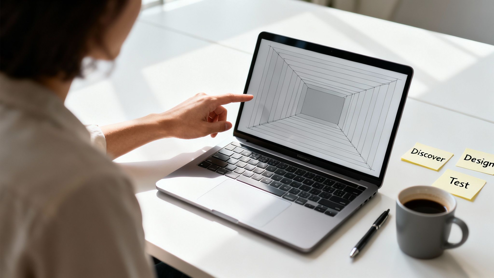 Professional points to a laptop displaying a design funnel, next to 'Discover, Design, Test' sticky notes.