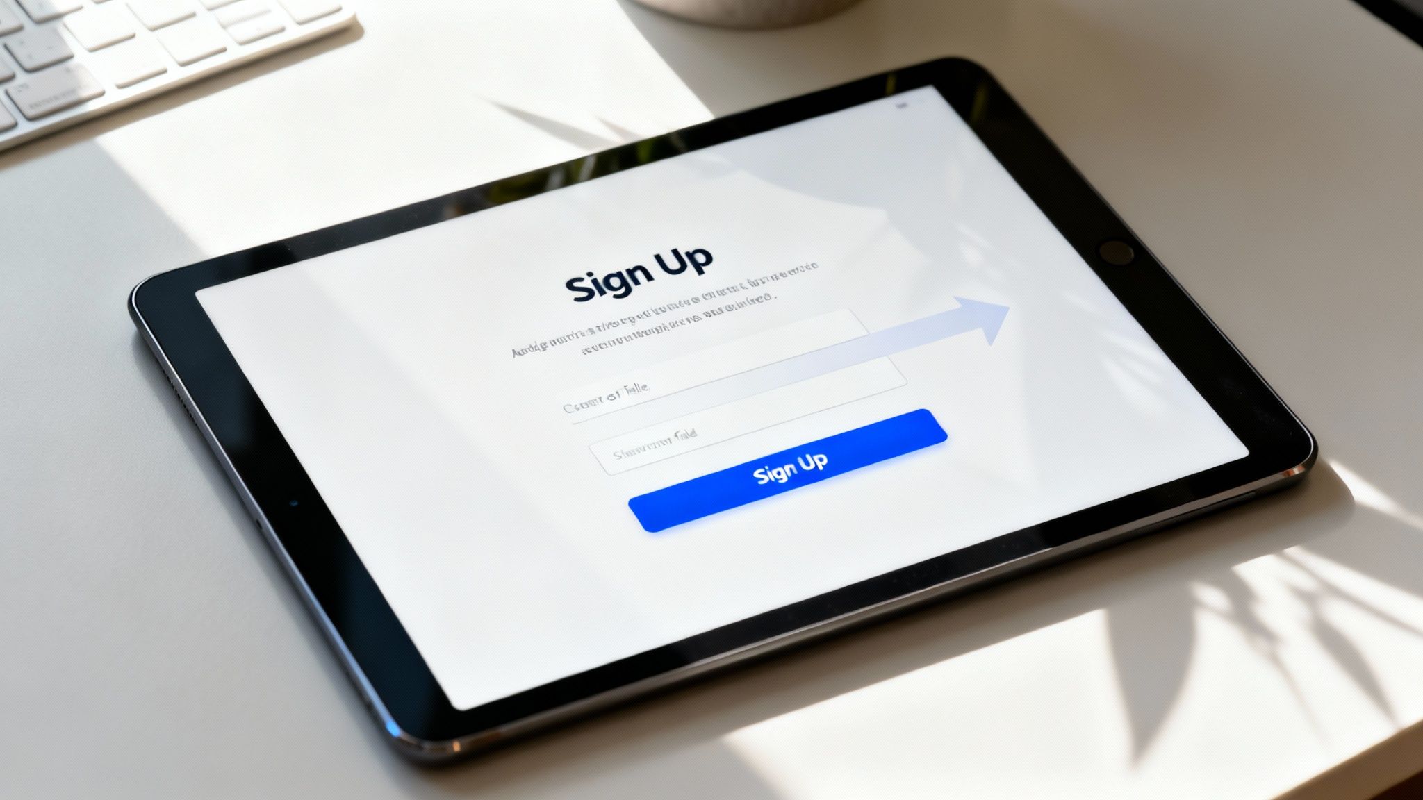 A tablet on a white desk displays a 'Sign Up' page with input fields and a blue button.