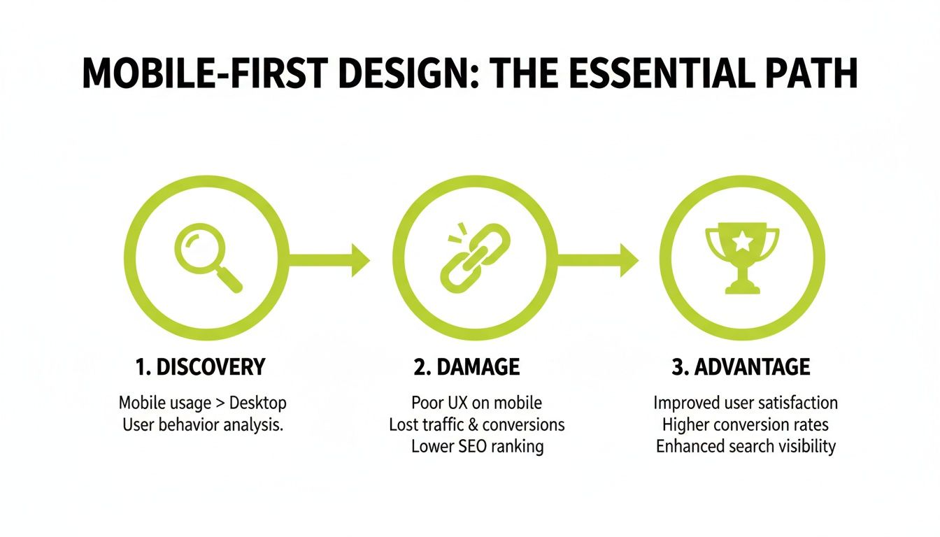 A flow chart illustrating the essential path of mobile-first design, detailing discovery, potential damage, and advantages.