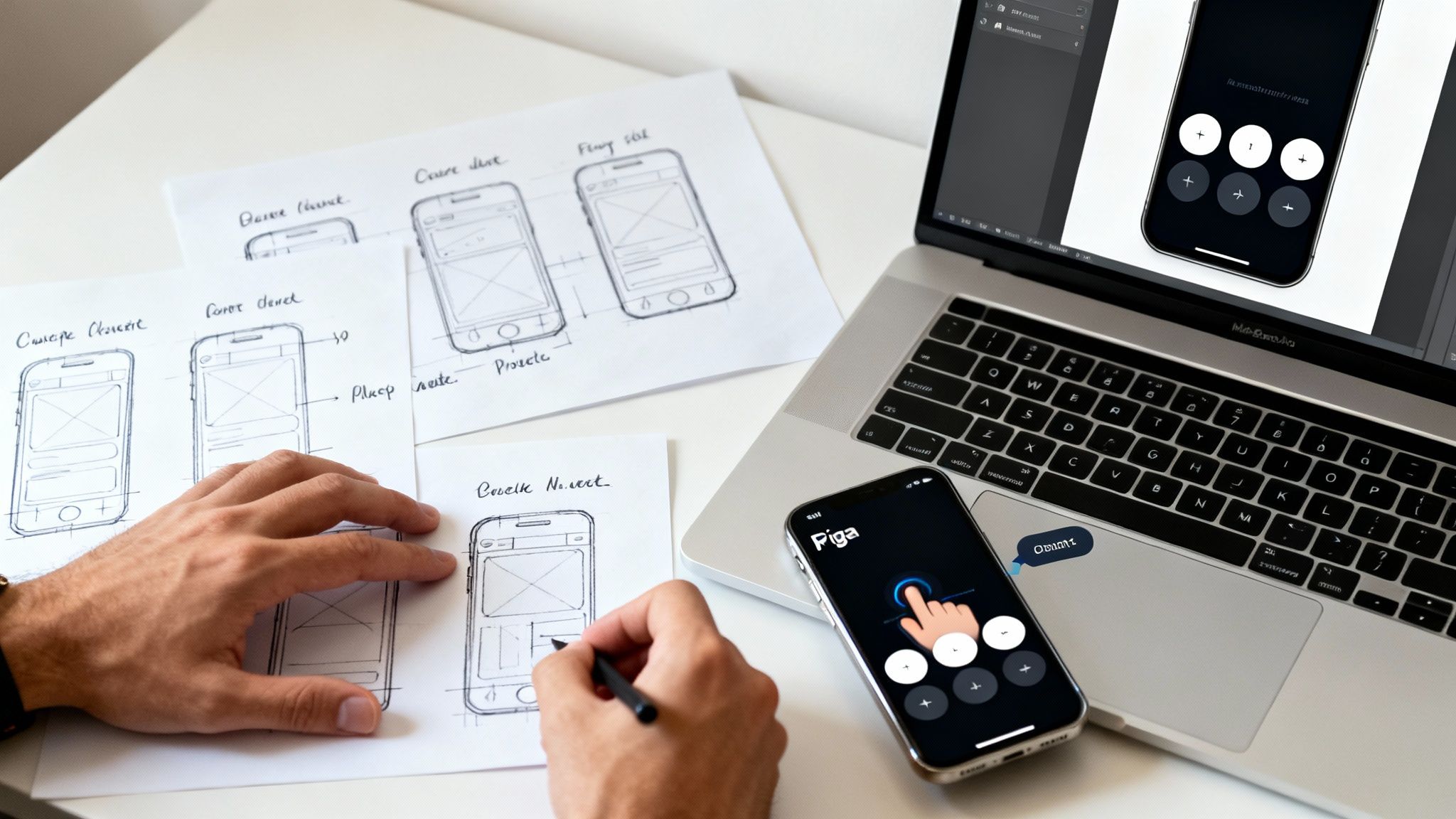 Hands sketching mobile app wireframes on paper next to a laptop and an iPhone displaying a UI.