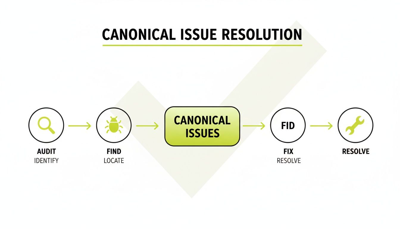 A flowchart showing the canonical issue resolution process with steps: Audit, Find, Canonical Issues, Fix, and Resolve.