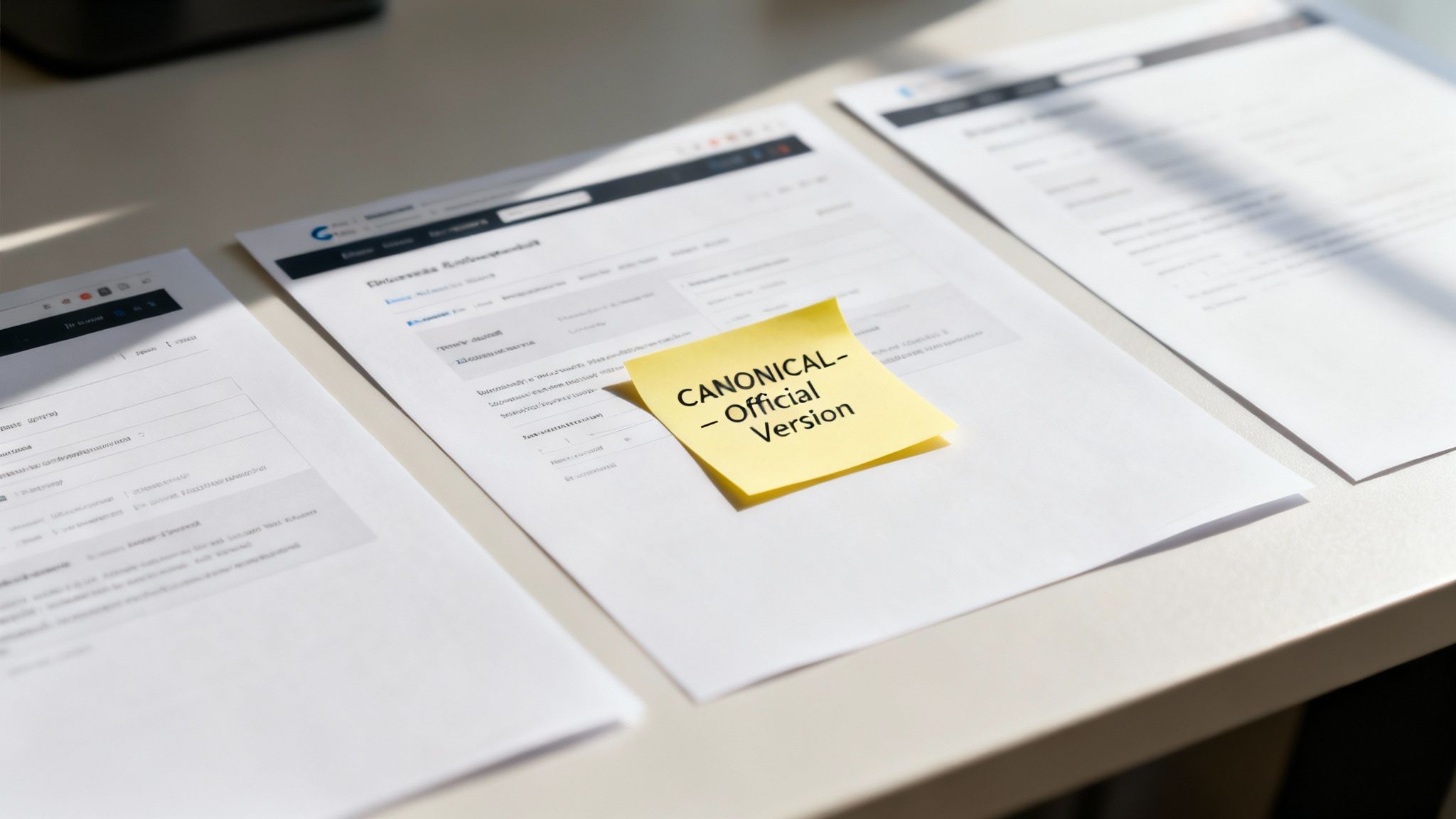 Desk with multiple documents, one featuring a yellow sticky note marked 'CANONICAL - Official Version'.