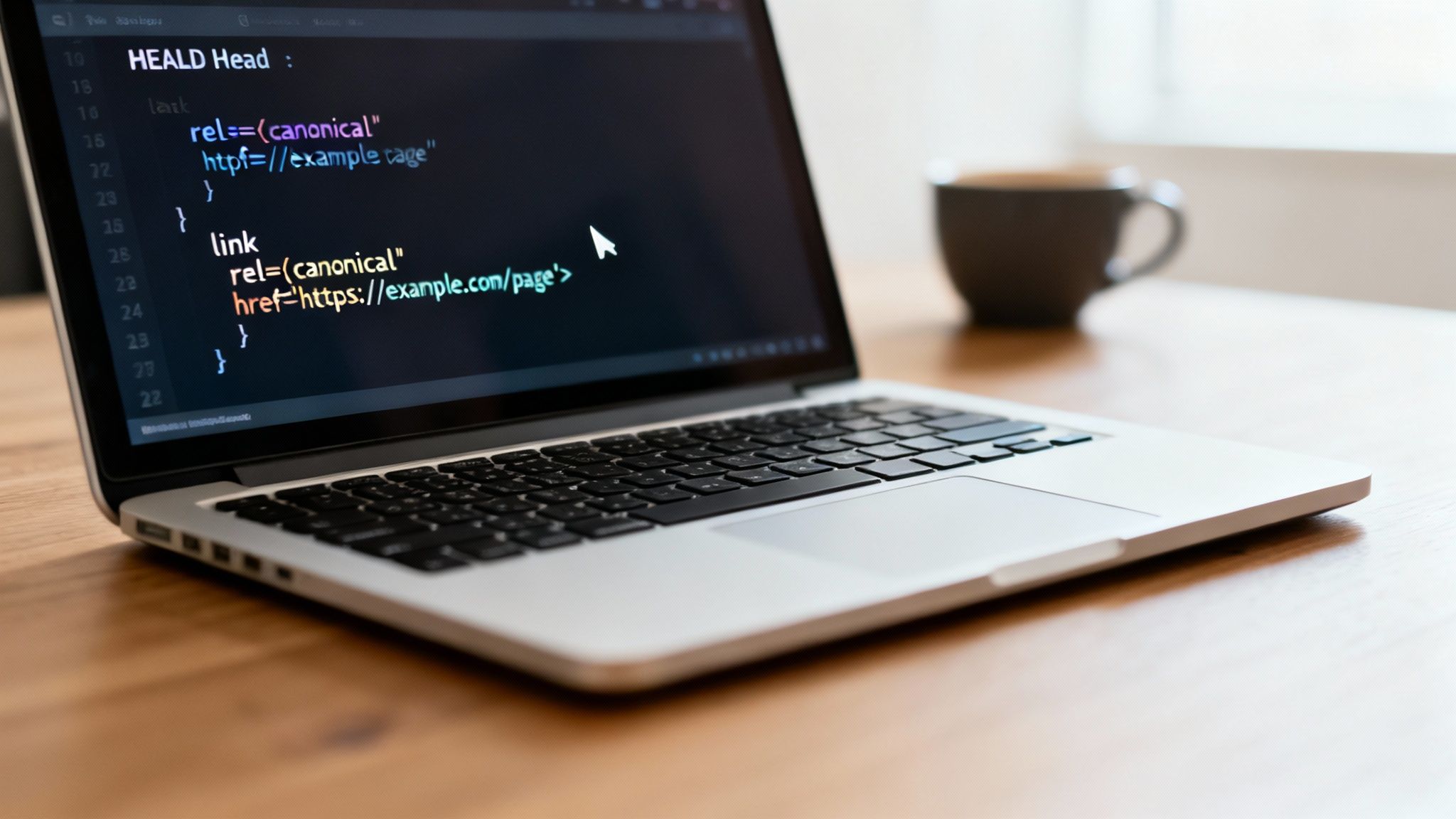 Laptop displaying canonical tag code on screen, resting on a wooden desk with a coffee cup.