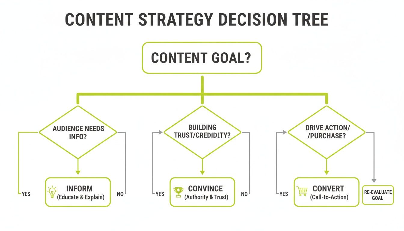 Flowchart illustrating a content strategy decision tree, guiding content goals from informing to converting.