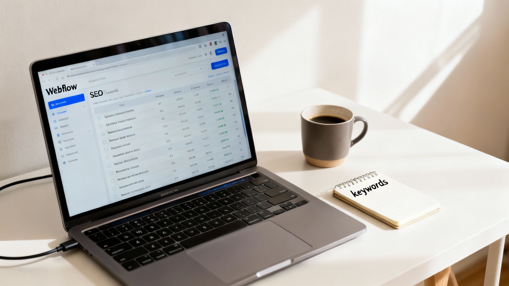 A laptop screen displays Webflow SEO data, next to a coffee cup and a notepad with 'keywords' written.