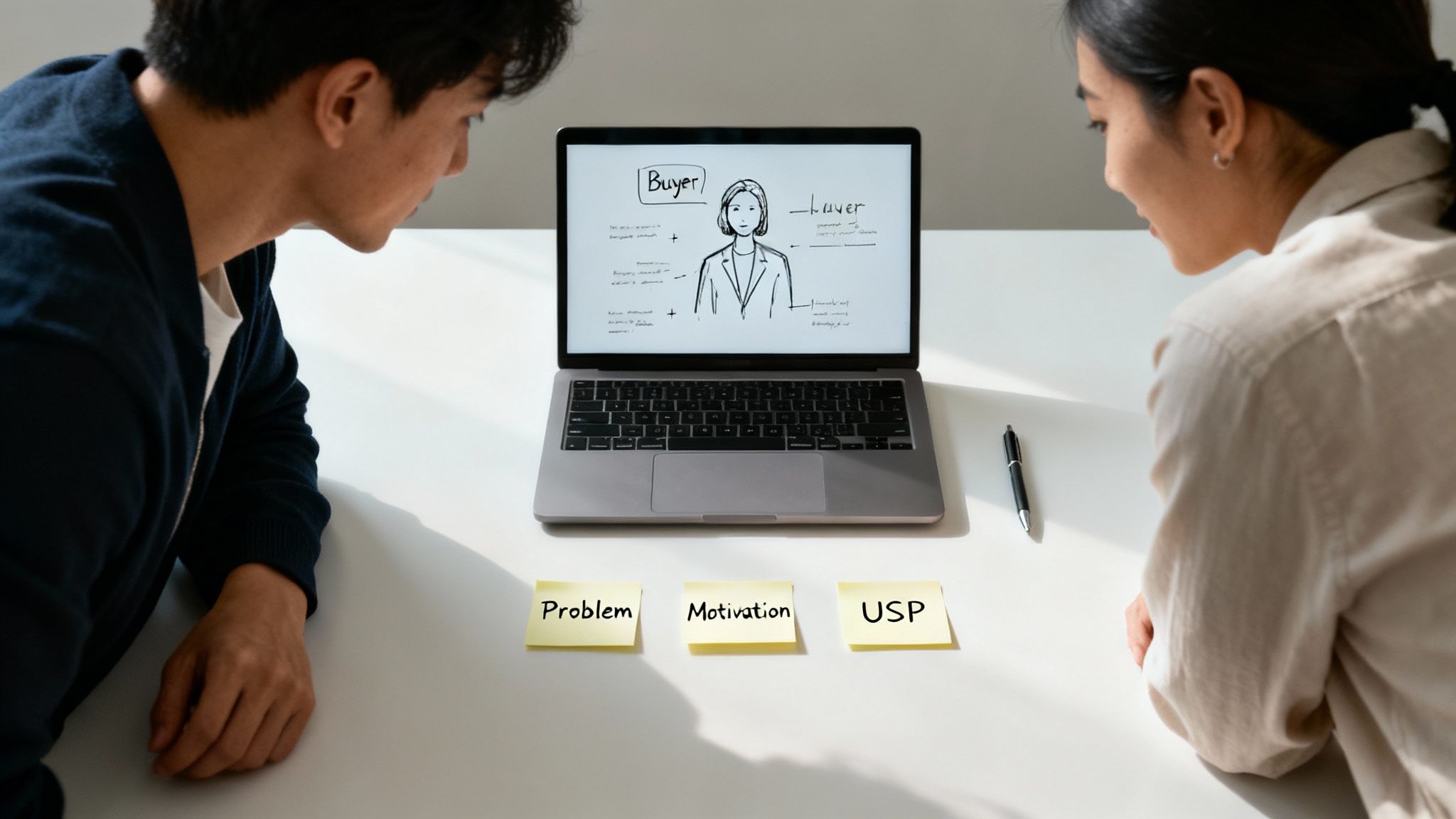 Two people analyze a buyer persona on a laptop with sticky notes for problem, motivation, and USP.