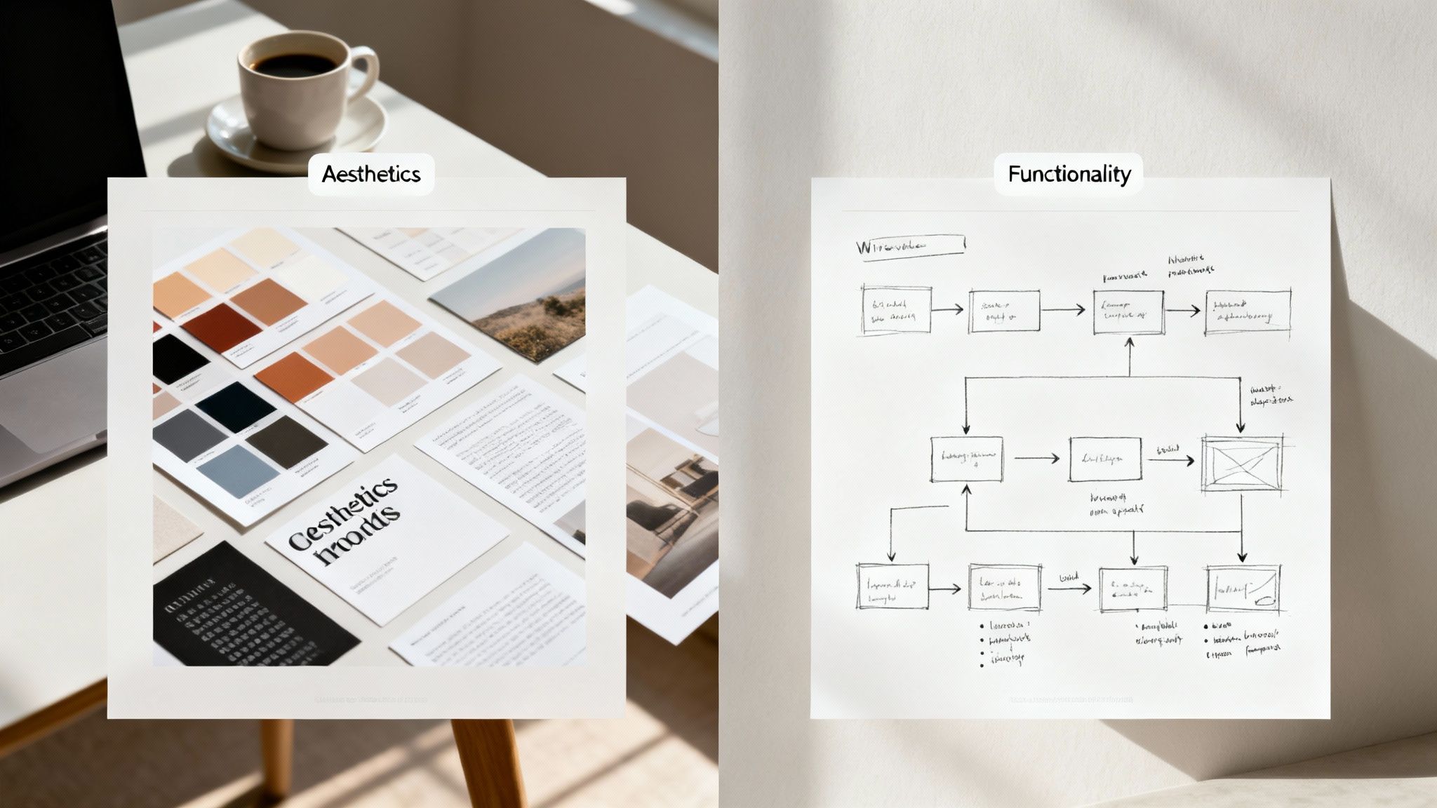 Two images illustrating website design: color palettes for aesthetics and a flowchart for functionality.