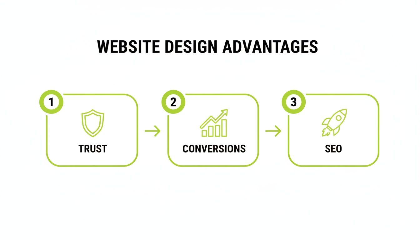Infographic showing website design advantages: trust, conversions, and SEO, presented in three numbered steps.