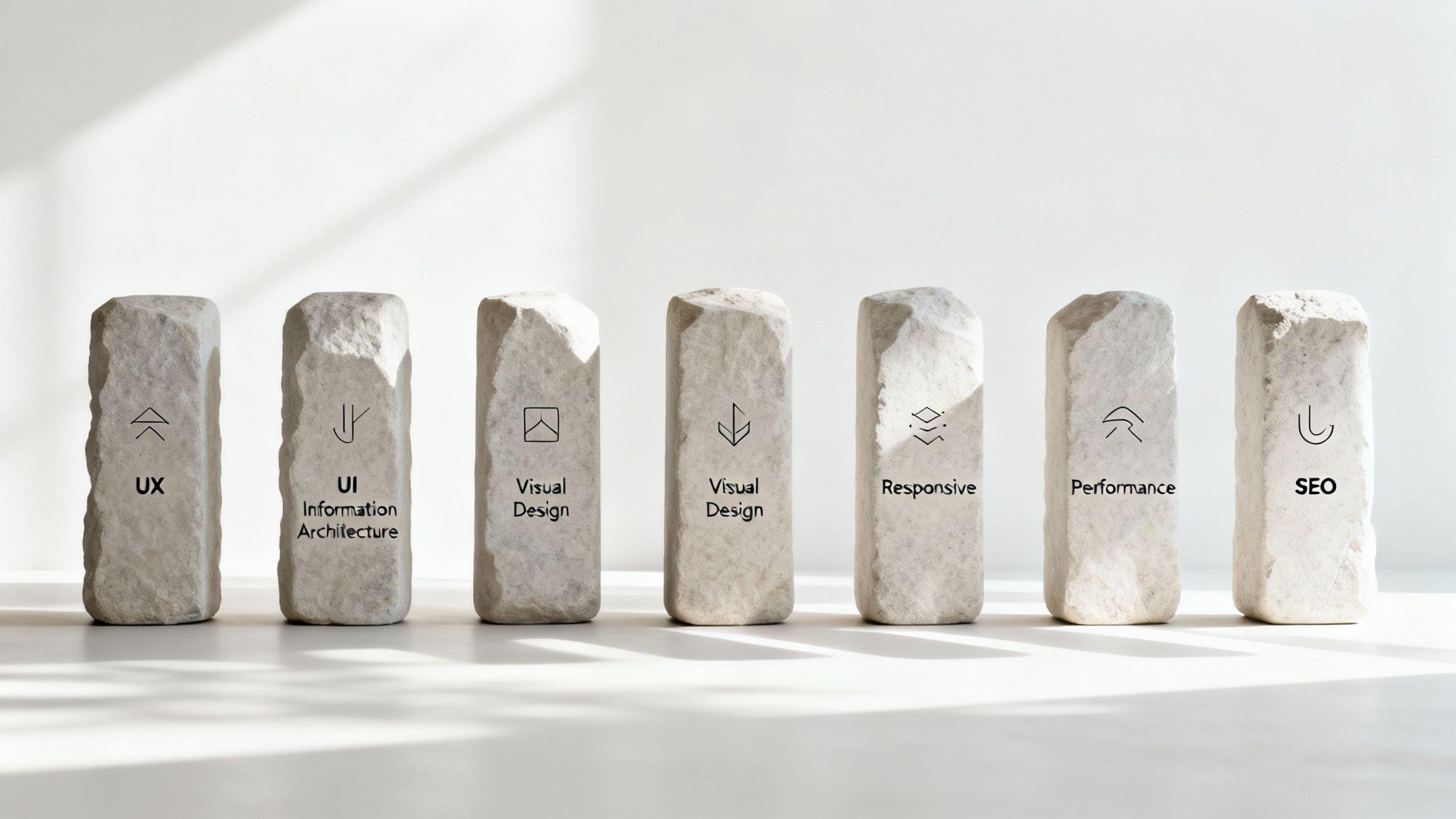 Seven stone pillars illustrating essential website design and digital marketing concepts with icons and text.