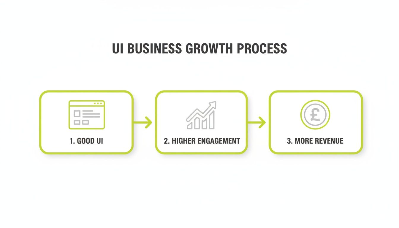 Flowchart illustrating how good UI design drives higher engagement and increased business revenue.