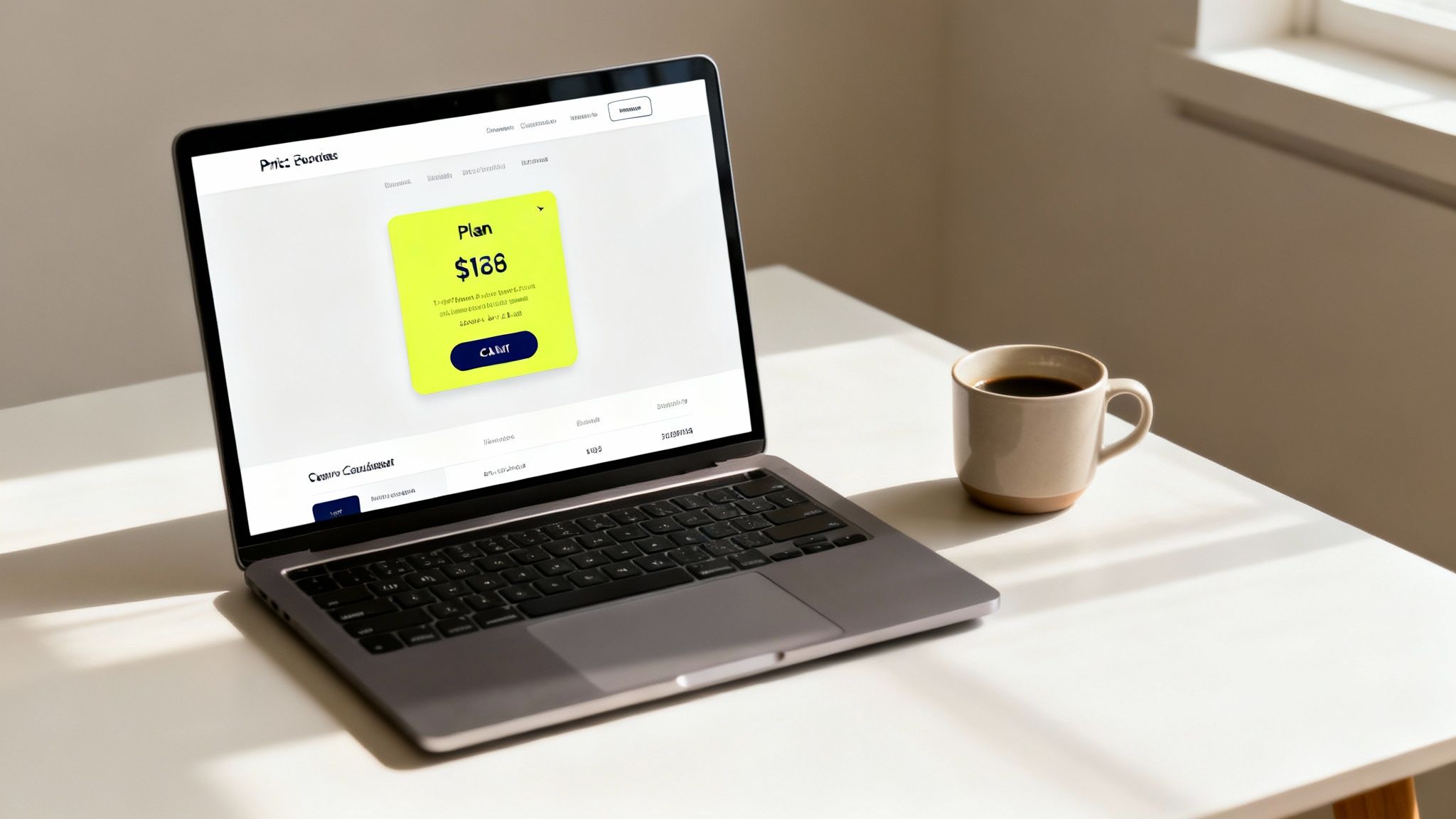 A laptop on a white desk with a coffee mug, showing a UI design on its screen.