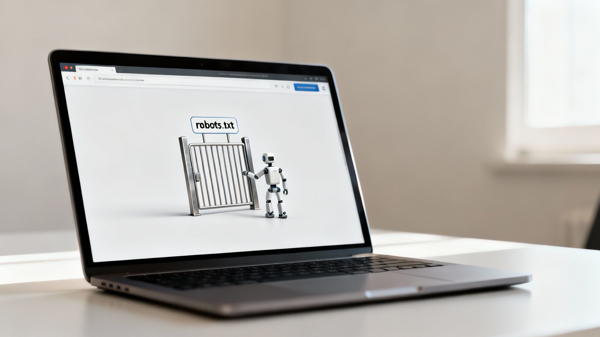 A laptop displays a white screen showing a robot opening a metal gate labeled 'robots.txt'.