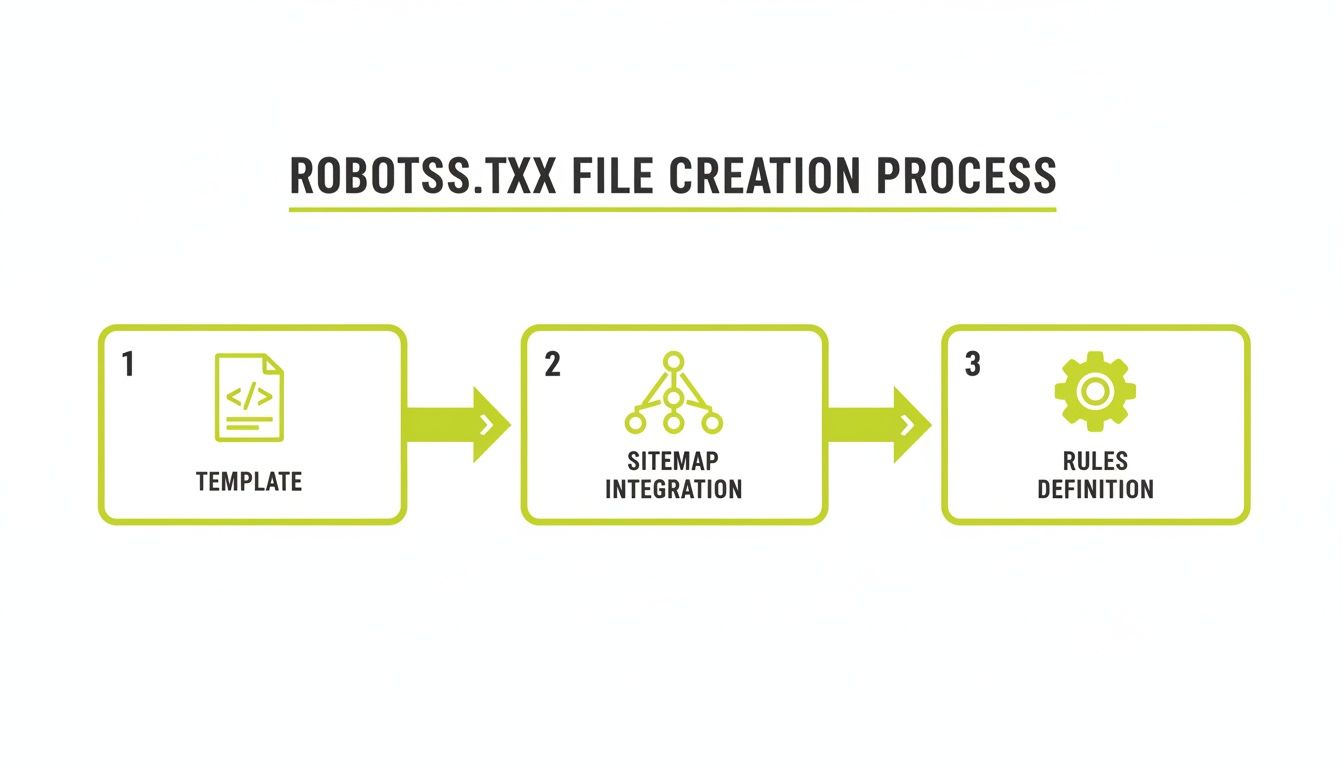 Three-step process diagram for ROBOTS.TXX file creation: Template, Sitemap Integration, and Rules Definition.