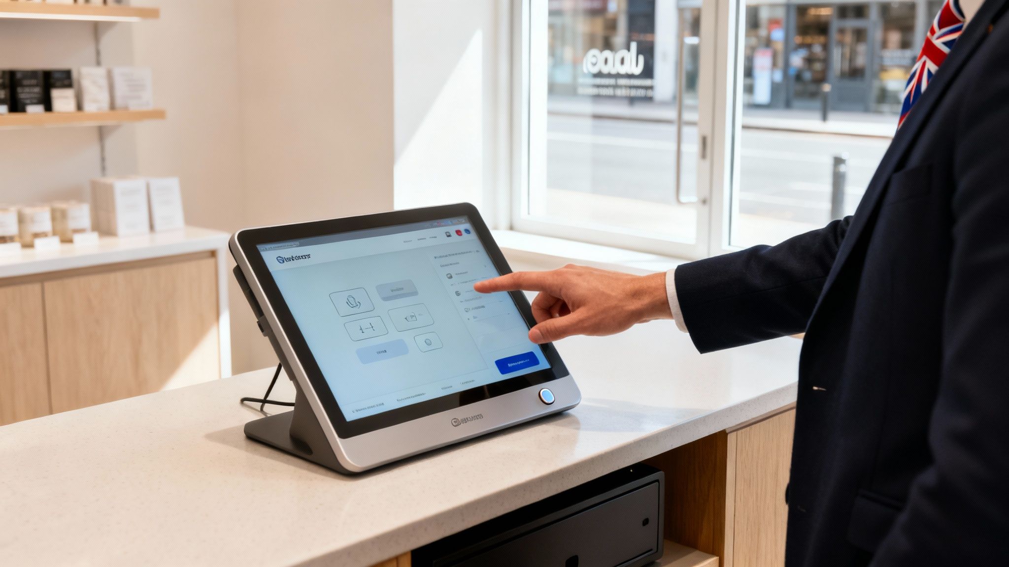 A professional man uses a modern touchscreen POS system on a retail counter, displaying various options.
