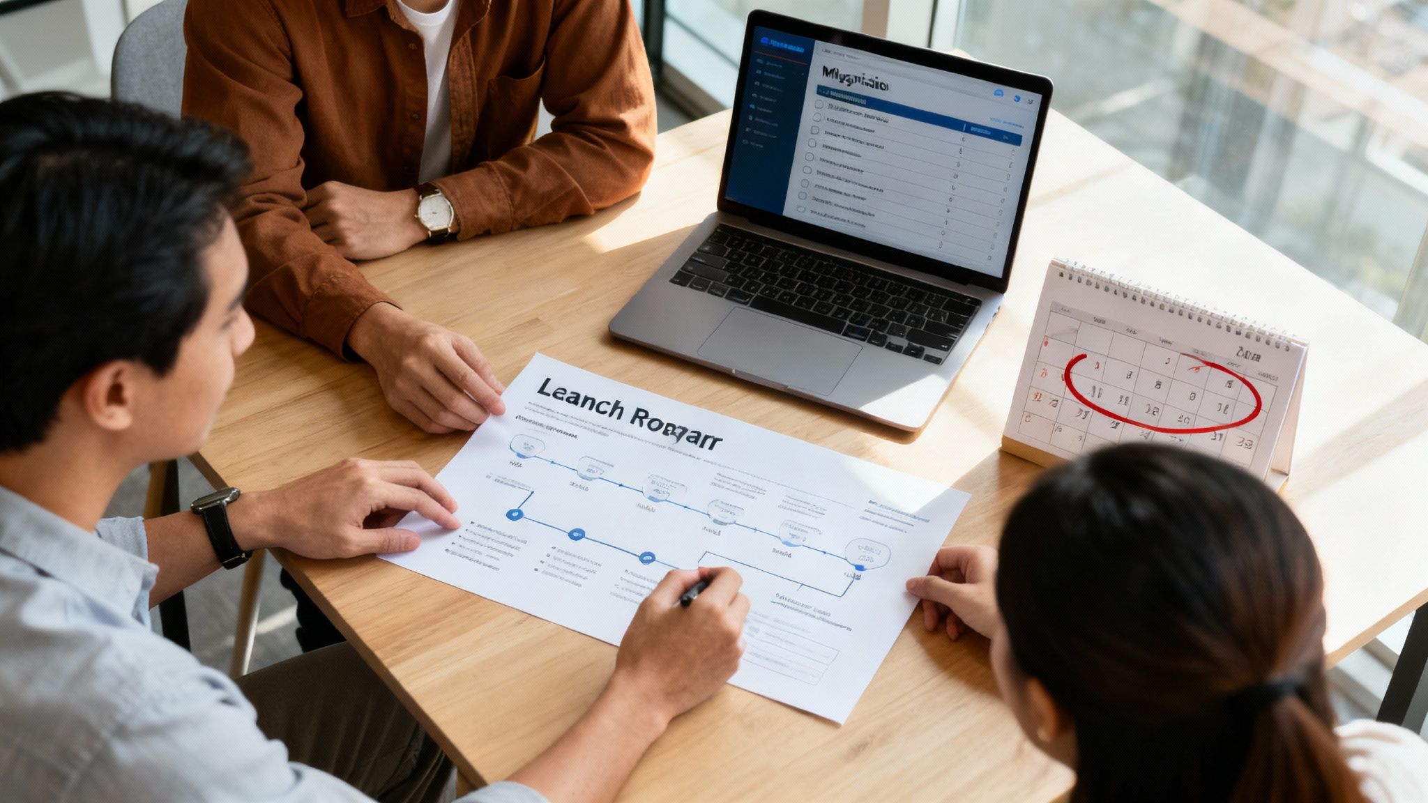 Three colleagues collaborate on a project roadmap document at a desk with a laptop and calendar.