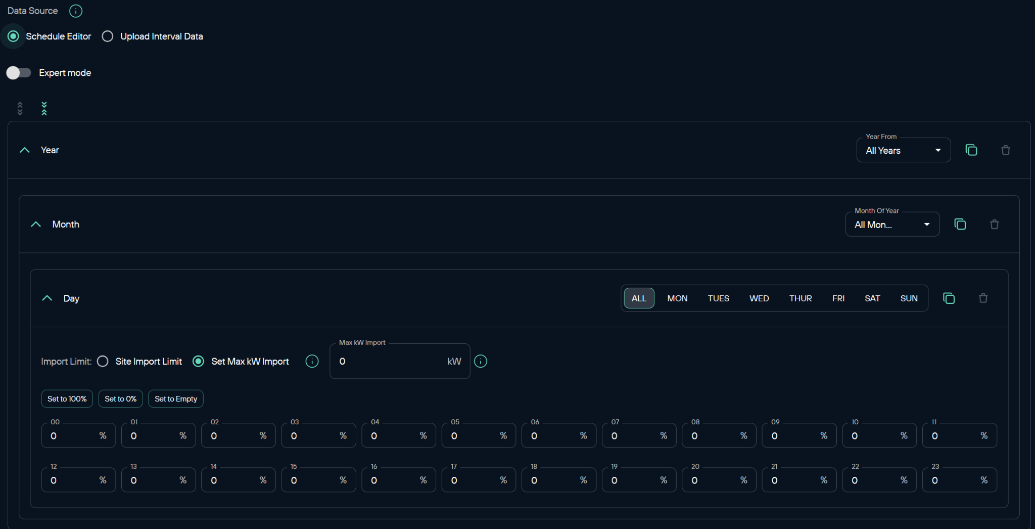 Gridcog Site Import Schedule UI used to model flexible connection options