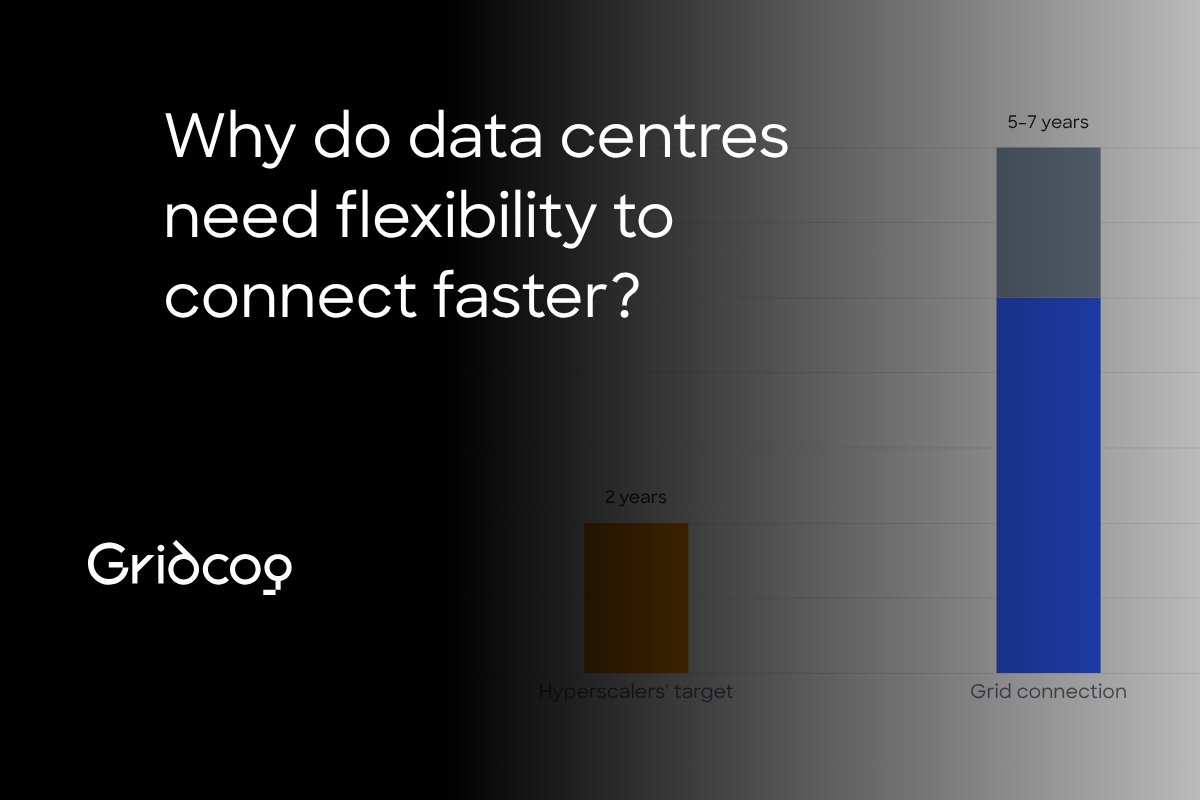 Bar chart showing grid connections take 5–7 years against a two-year target to bring a data centre online, with the headline: Why do data centres need flexibility to connect faster?