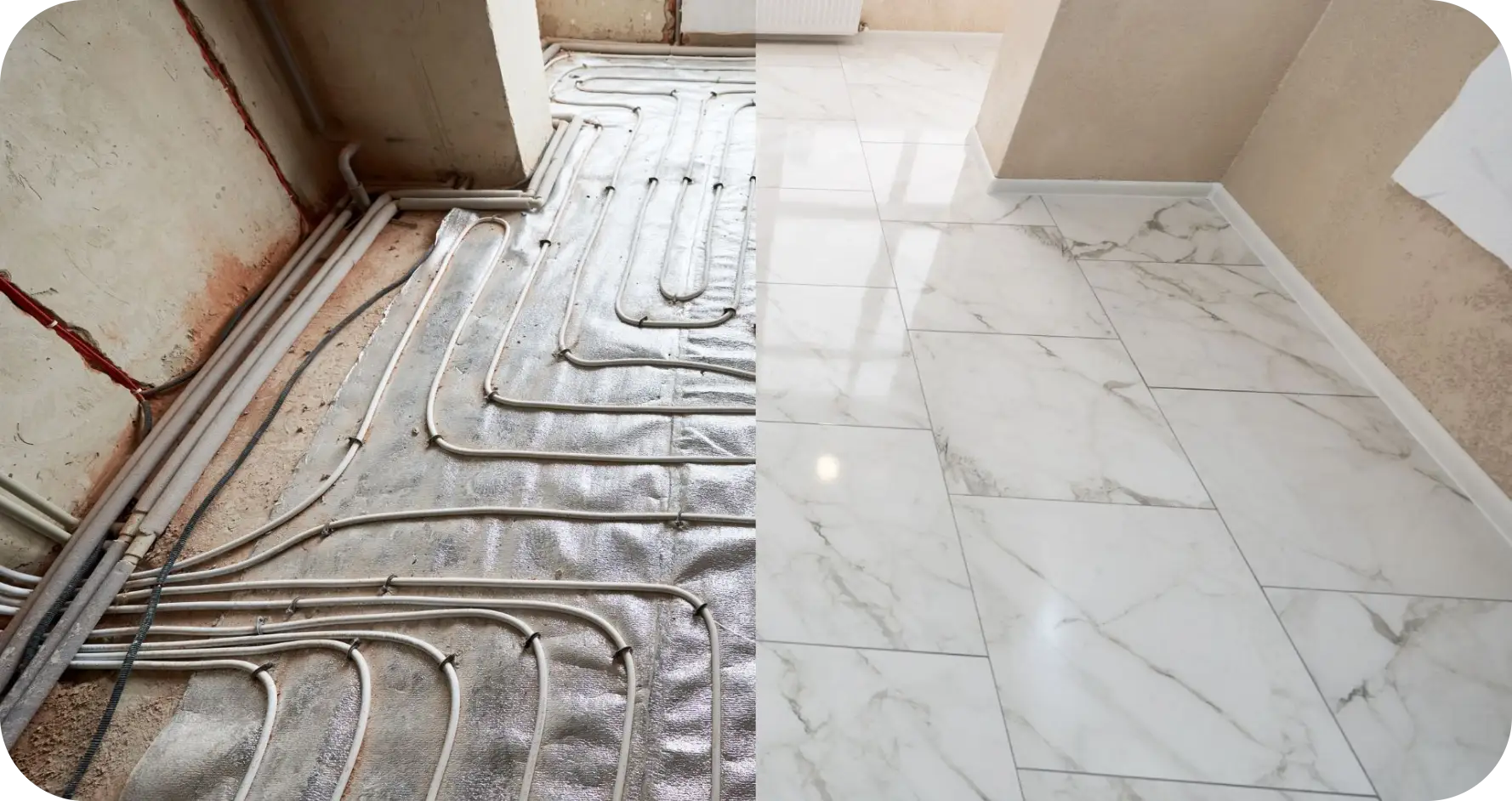 Half of a floor under construction and other half covered in white marble tiles.