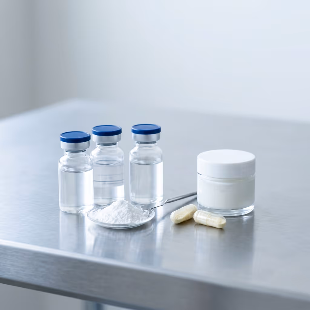 Three clear liquid vials, white powder on spoon, two capsules, and a cream jar on a metal surface.