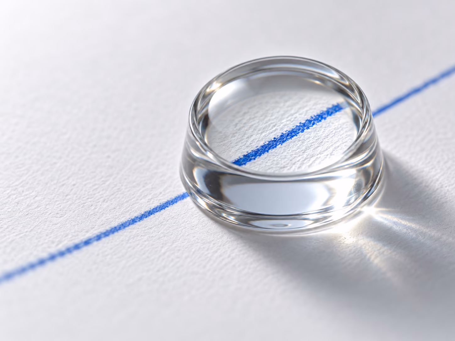 A glass loupe magnifying a fine blue line on white paper