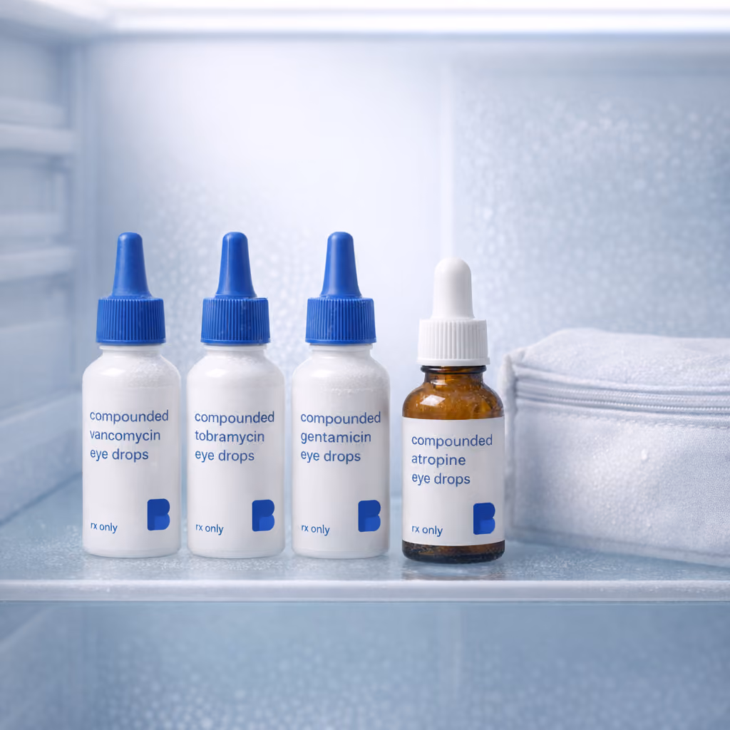 Compounded vancomycin, tobramycin, gentamicin and atropine eye drops in a pharmacy refrigerator