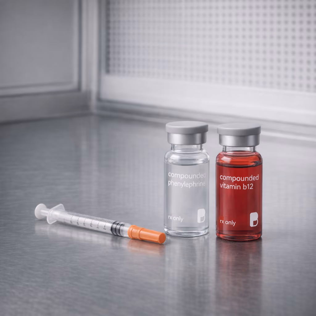 Compounded phenylephrine and vitamin B12 injection vials with a capped syringe in a sterile laminar-flow hood