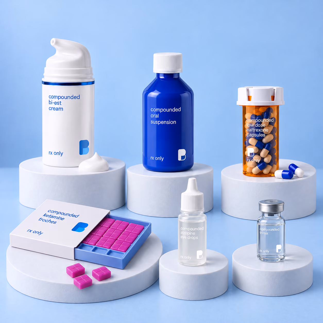 Bayview compounded bi-est cream, oral suspension, low dose naltrexone capsules, ketamine troches, atropine eye drops and trimix injection