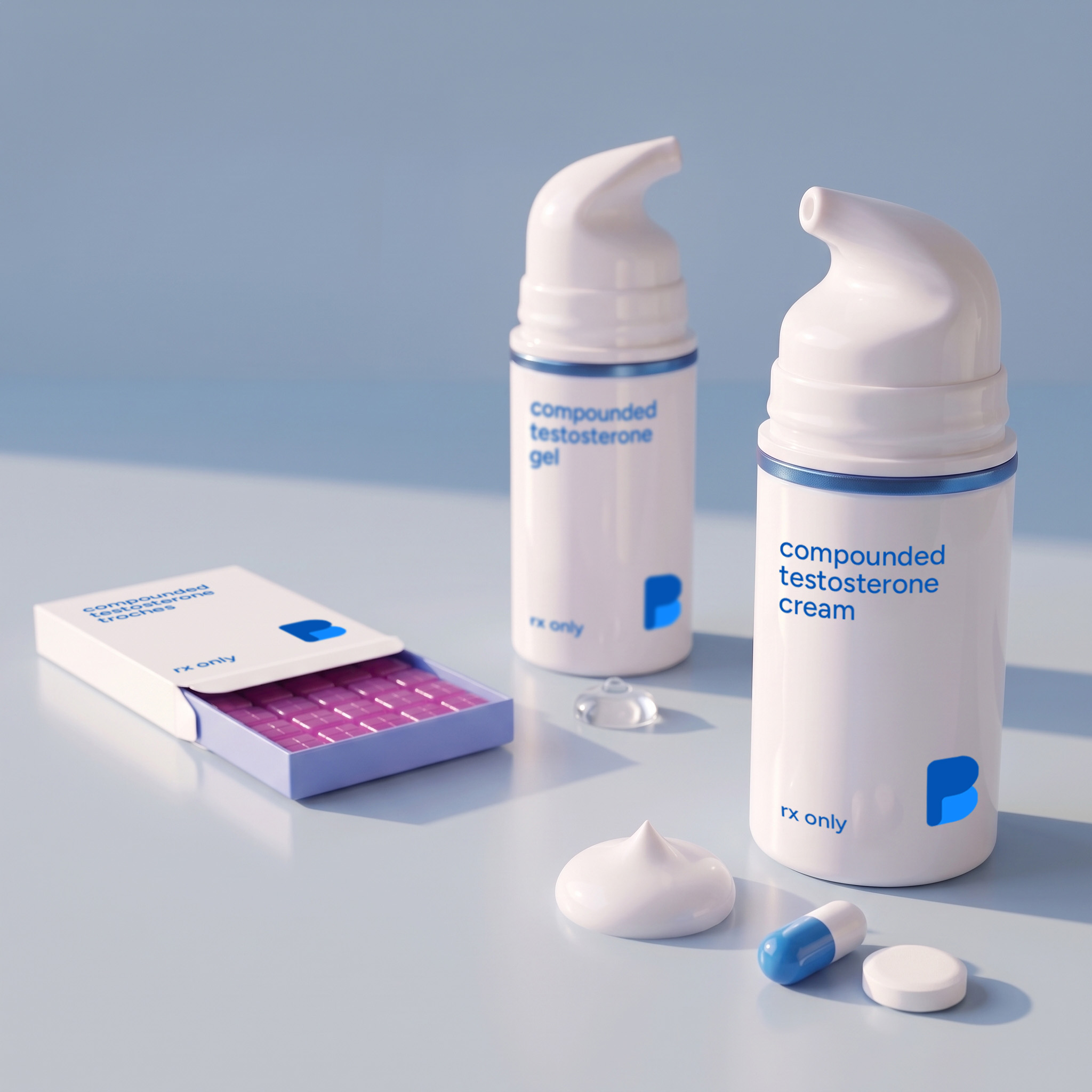Compounded testosterone cream, gel, troche, and rapid-dissolve tablet options