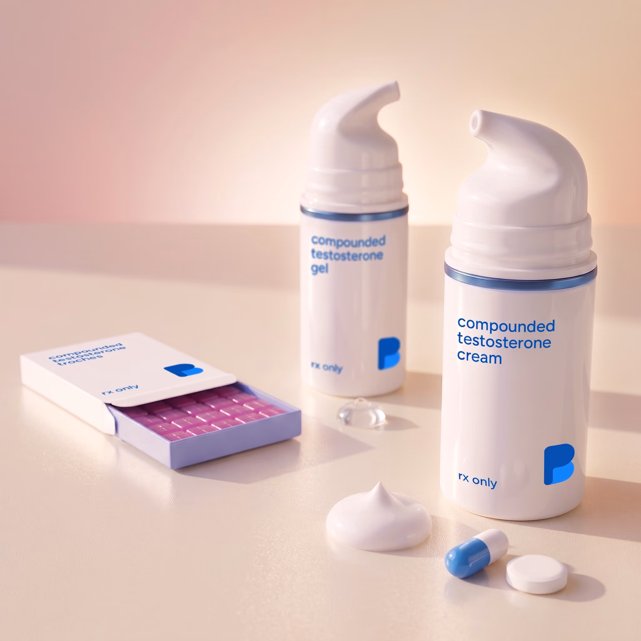 Testosterone for women compounded as cream, gel, troche, and tablet